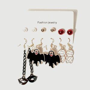 Halloween Earrings Set 6 Pairs | Ghosts, Skulls, Pumpkins, Pearls | Spooky Fall